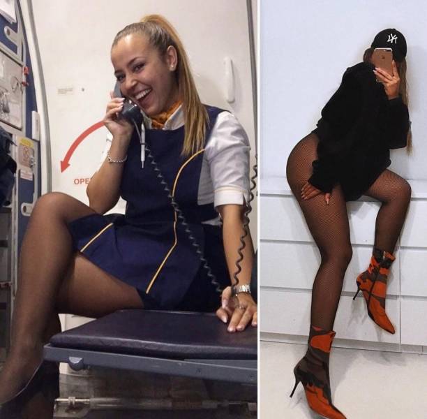 Hot Flight Attendants With And Without Their Uniforms