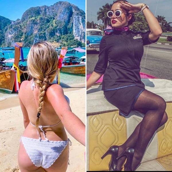 Hot Flight Attendants With And Without Their Uniforms