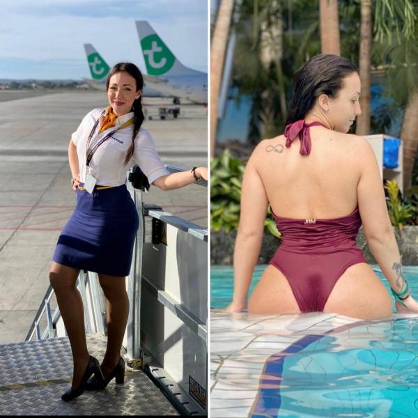 Hot Flight Attendants With And Without Their Uniforms