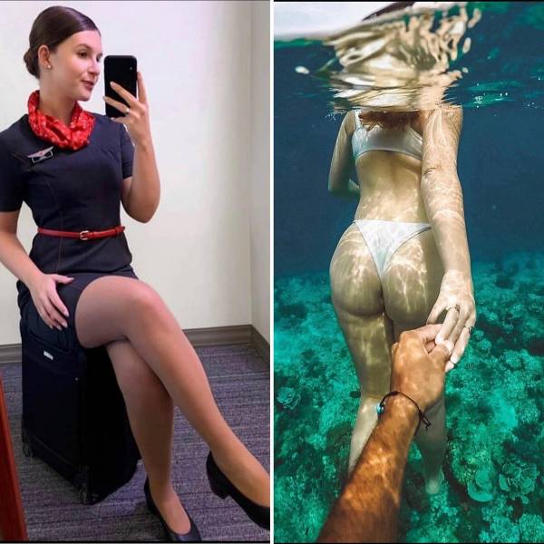 Hot Flight Attendants With And Without Their Uniforms