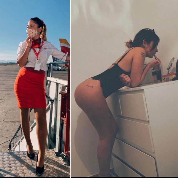 Hot Flight Attendants With And Without Their Uniforms