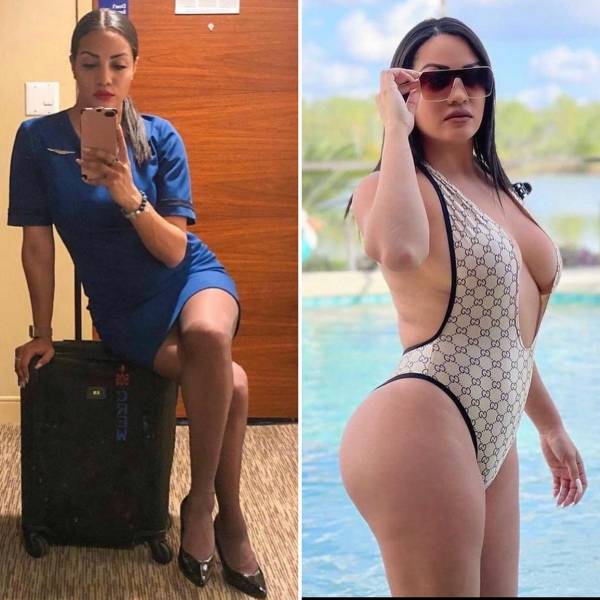 Hot Flight Attendants With And Without Their Uniforms