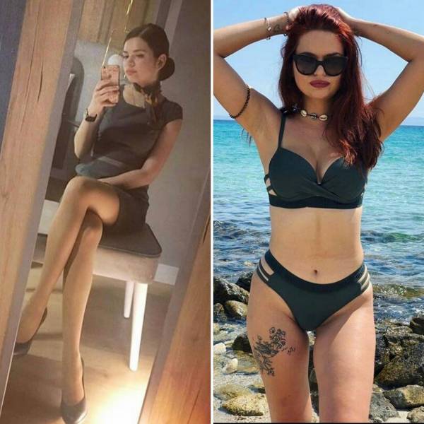 Hot Flight Attendants With And Without Their Uniforms