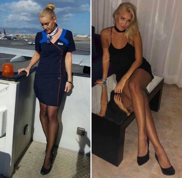 Sexy Flight Attendants With And Without Their Uniforms