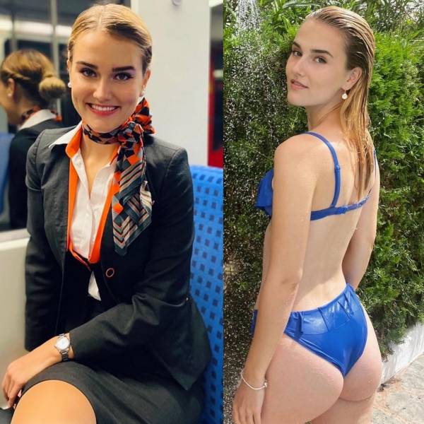 Hot Flight Attendants With And Without Their Uniforms
