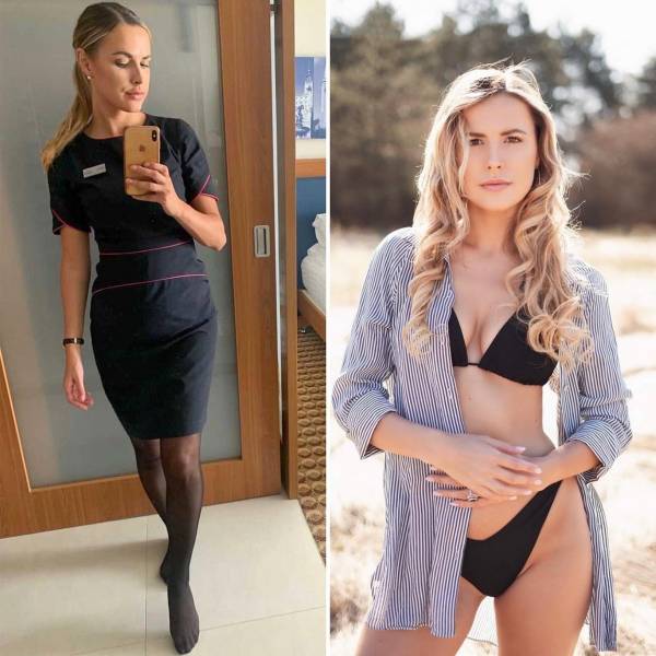 Hot Flight Attendants With And Without Their Uniforms