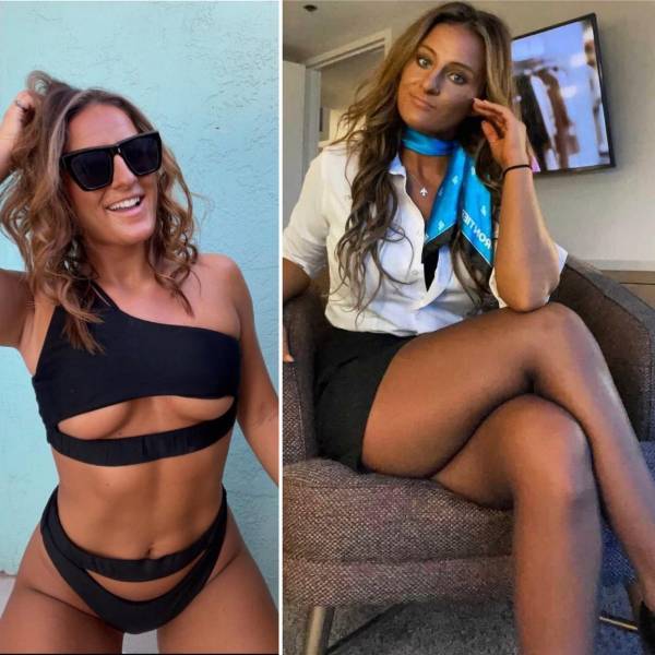 Hot Flight Attendants With And Without Their Uniforms