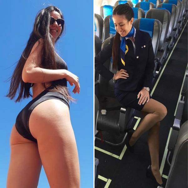 Hot Flight Attendants With And Without Their Uniforms
