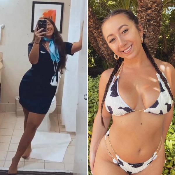 Hot Flight Attendants With And Without Their Uniforms