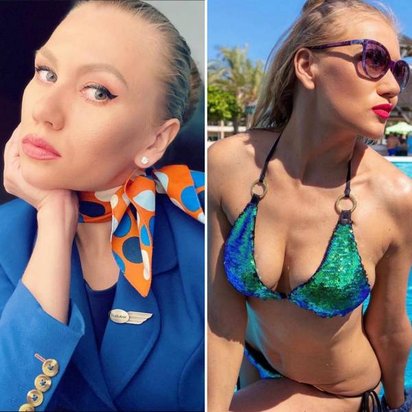 Hot Flight Attendants With And Without Their Uniforms