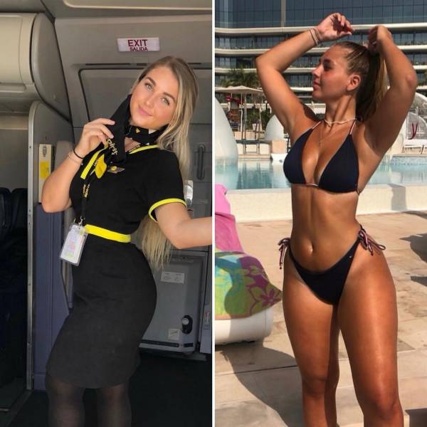 Hot Flight Attendants With And Without Their Uniforms