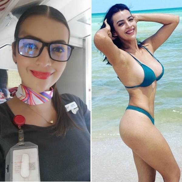 Hot Flight Attendants With And Without Their Uniforms