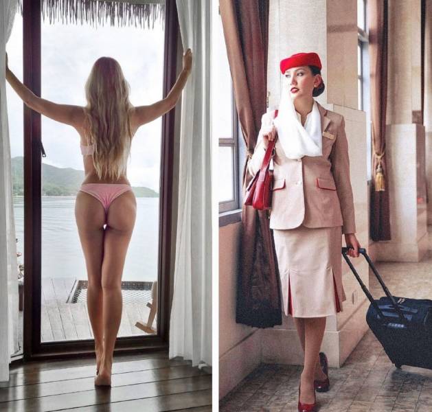 Sexy Flight Attendants With And Without Their Uniforms