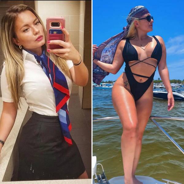Sexy Flight Attendants With And Without Their Uniforms